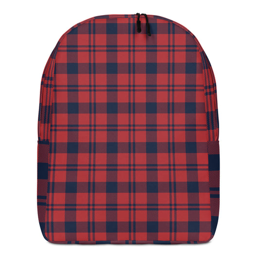 A backpack with a red and navy blue plaid pattern,