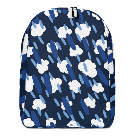 A backpack with a navy blue background and an all-over abstract pattern of white clouds and light-to-medium blue raindrops