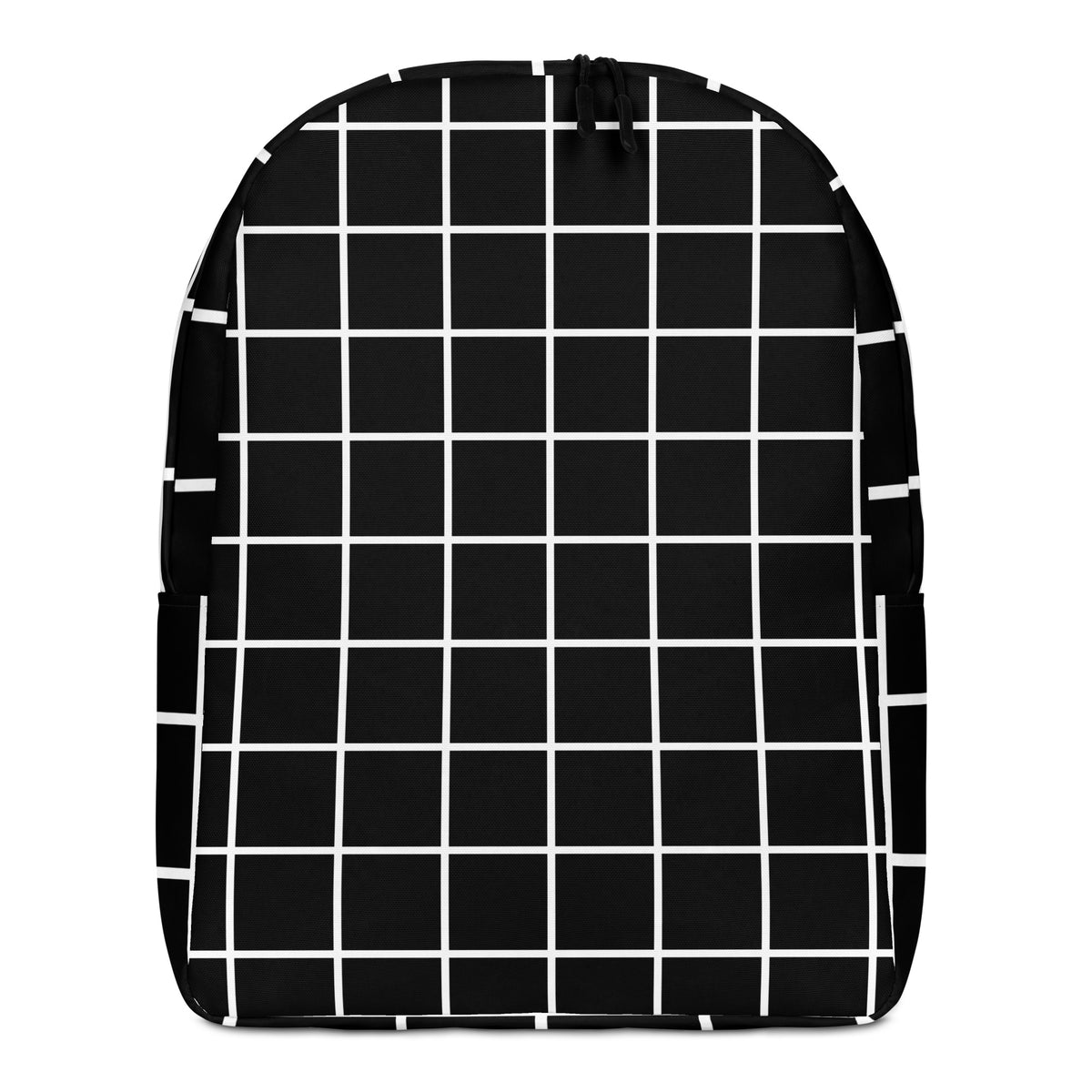 A black backpack featuring a clean white grid pattern across the front