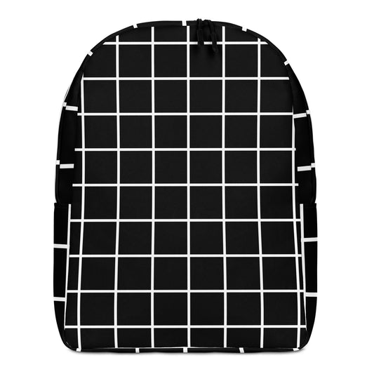 A black backpack featuring a clean white grid pattern across the front