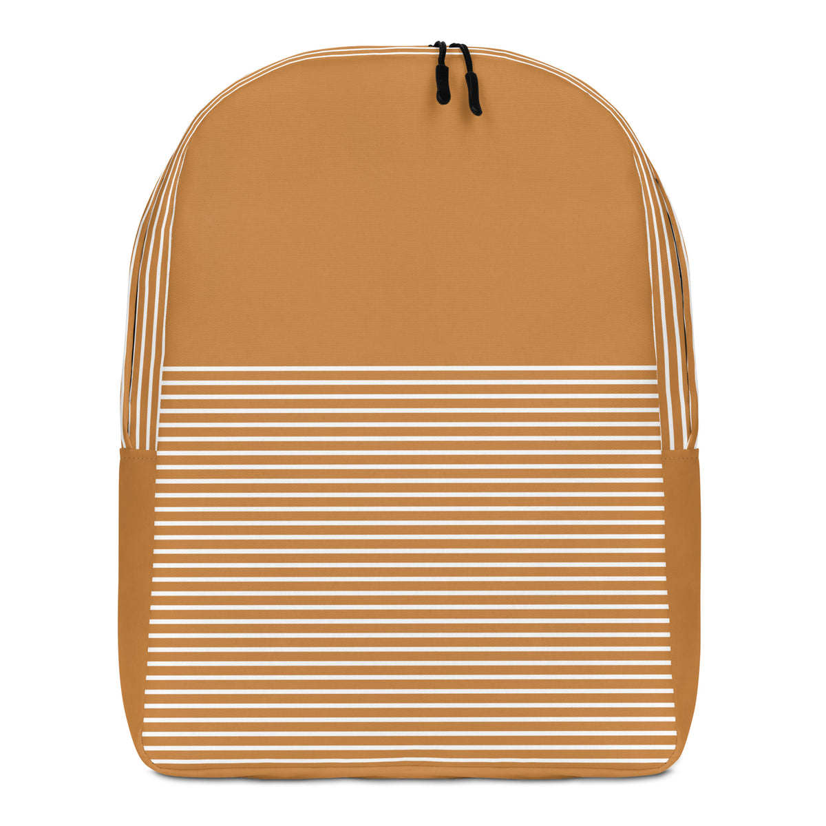 A tan backpack with white horizontal stripes across the lower half and vertical white stripes along the side straps