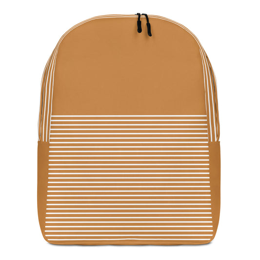 A tan backpack with white horizontal stripes across the lower half and vertical white stripes along the side straps