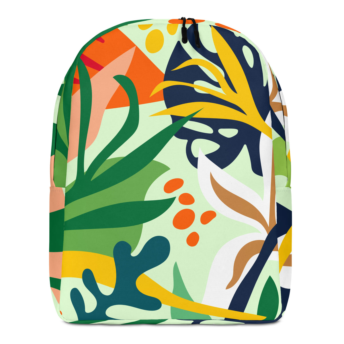 A backpack featuring a vibrant, multicolor abstract tropical leaf pattern 