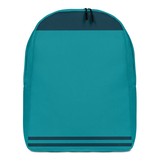 A teal backpack with a dark navy top panel and matching dark stripes near the bottom