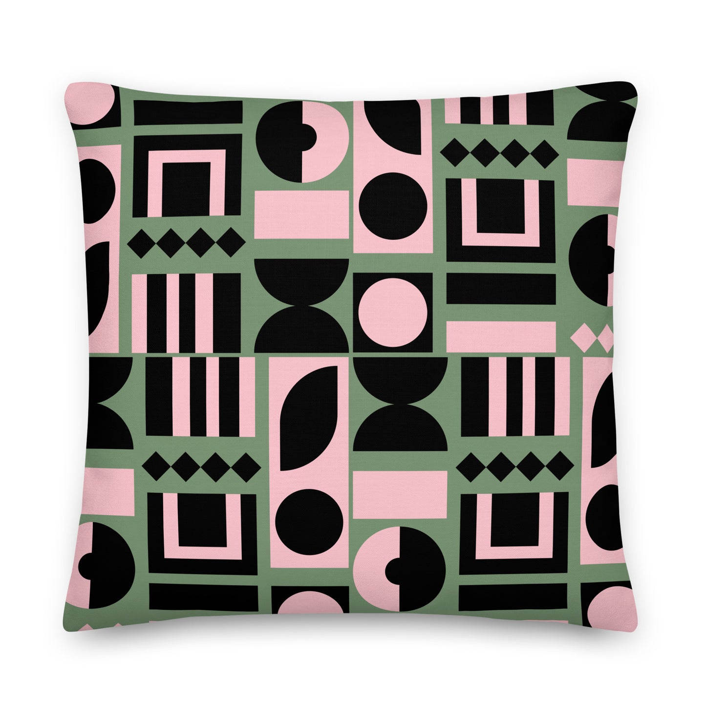 A square throw pillow featuring a bold geometric pattern of pink, black, and sage green shapes 