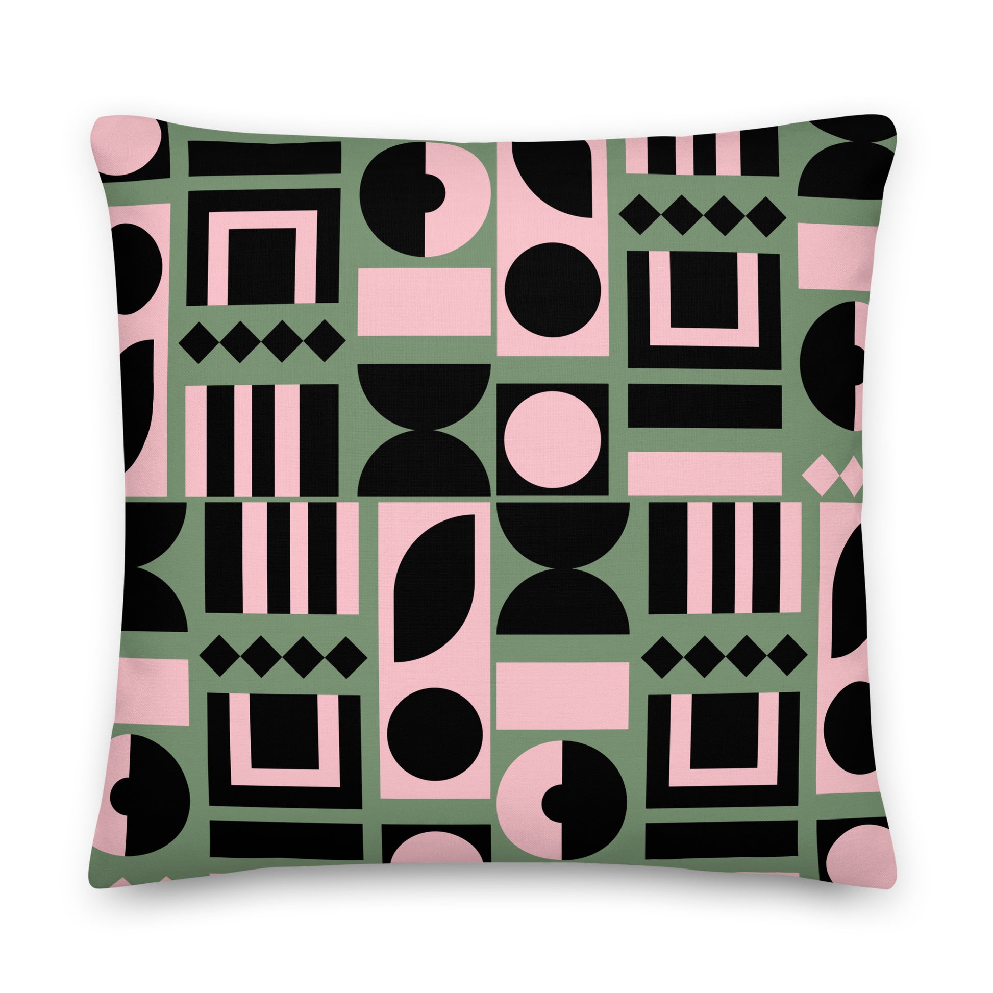 A square throw pillow featuring a bold geometric pattern of pink, black, and sage green shapes 