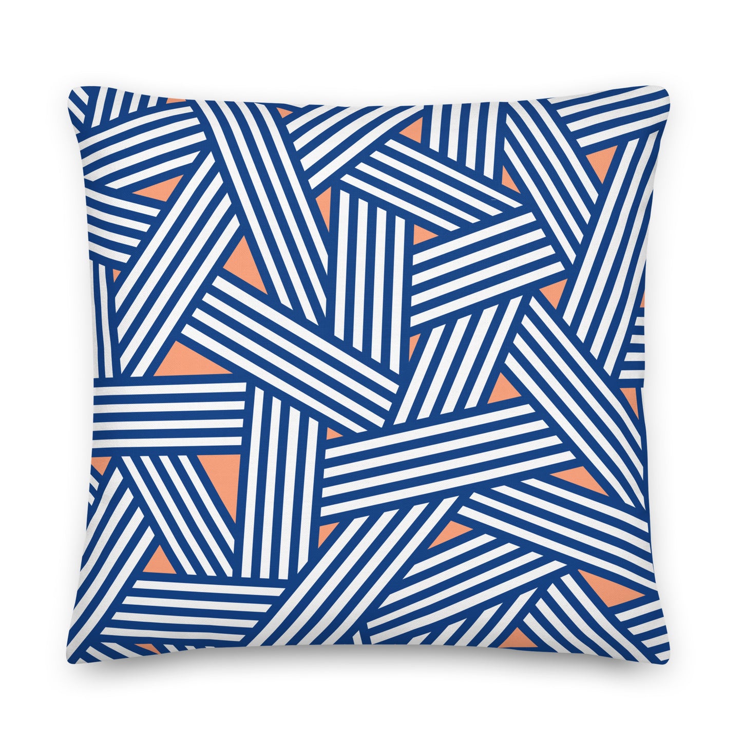 A square throw pillow featuring an abstract geometric pattern of navy blue and white stripes with peach-colored triangular gaps between the lines