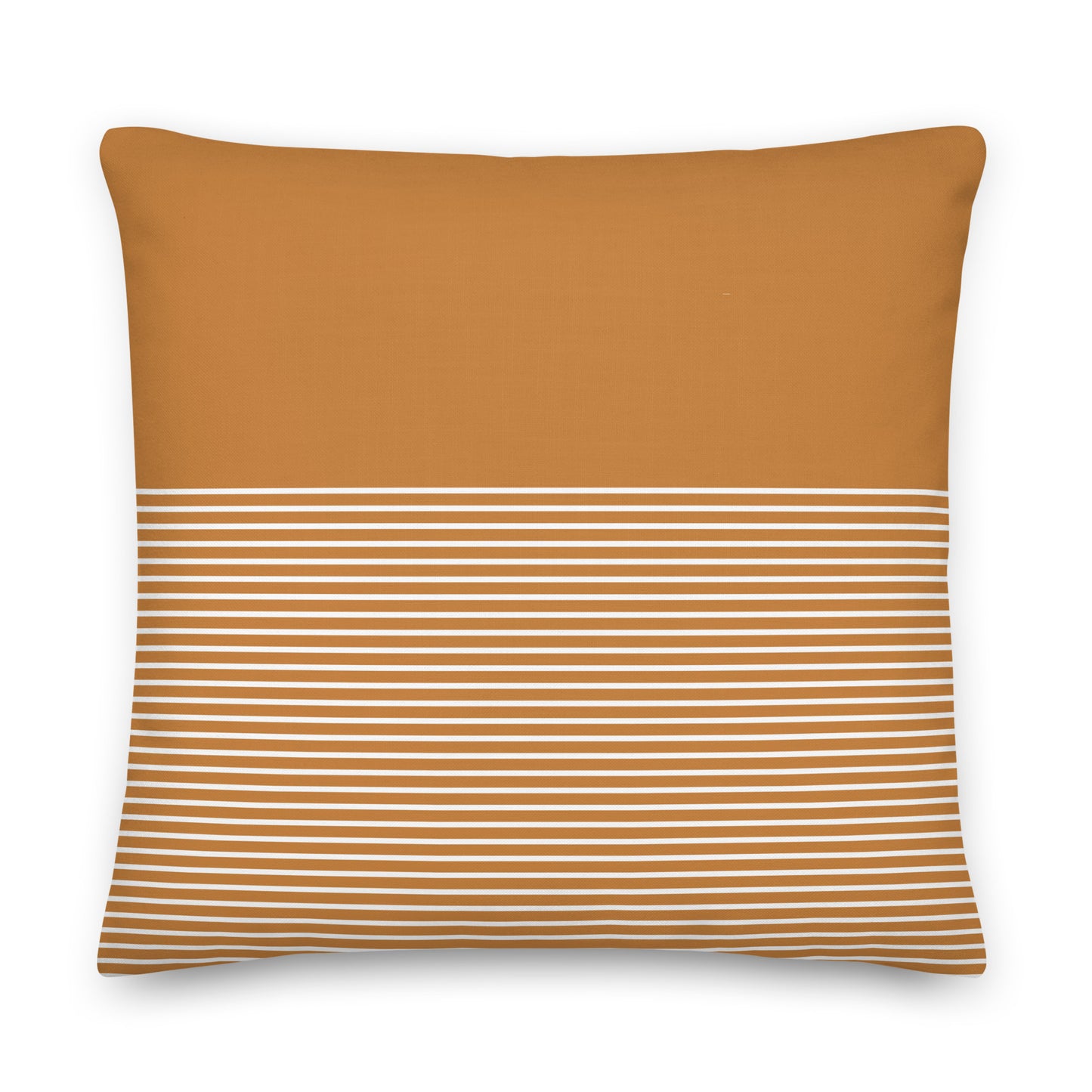 A square throw pillow in a warm camel brown color, featuring a horizontal band of thin white stripes across the lower half