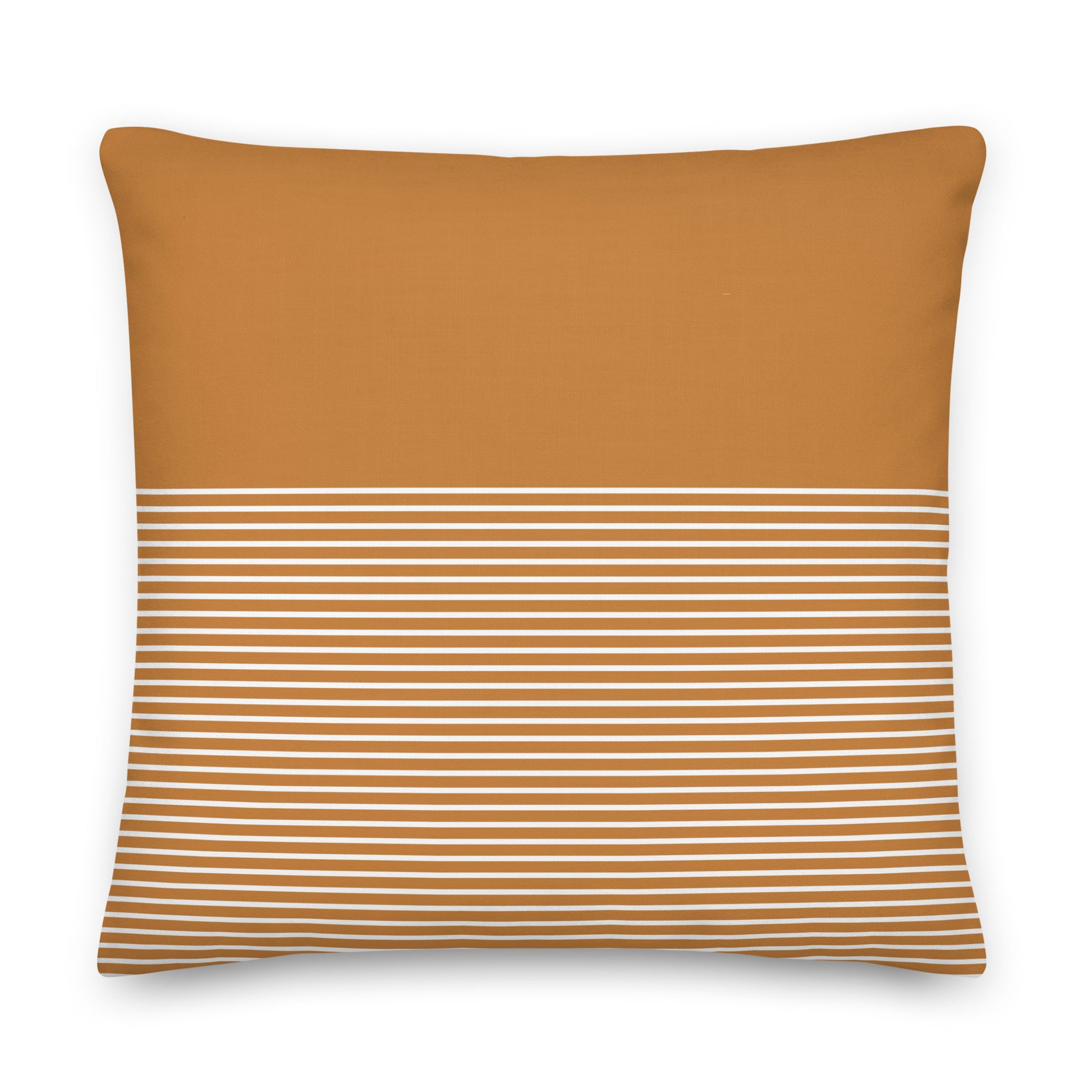 A square throw pillow in a warm camel brown color, featuring a horizontal band of thin white stripes across the lower half