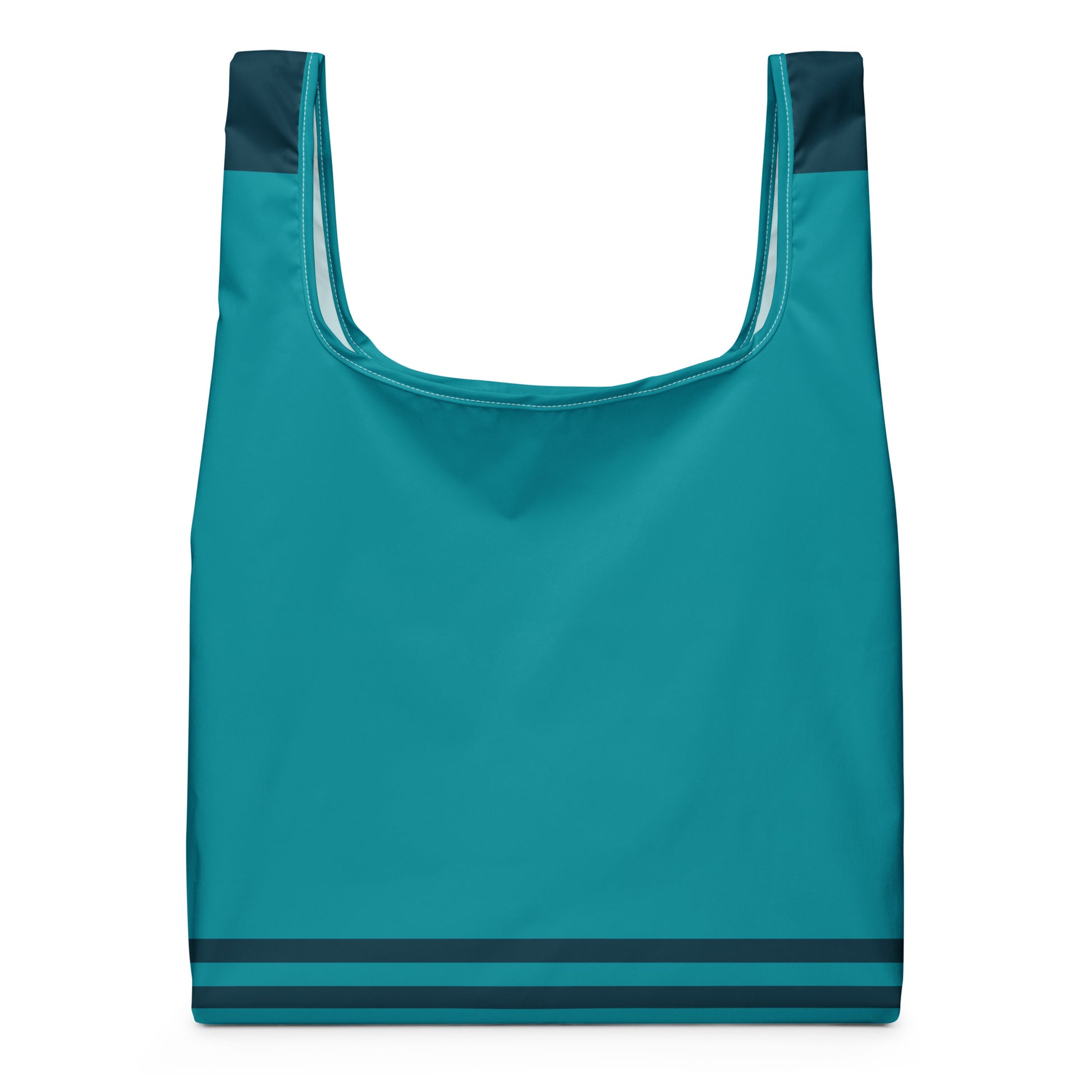 A teal reusable shopping bag with dark navy blue accents at the top handles and along the bottom edge.