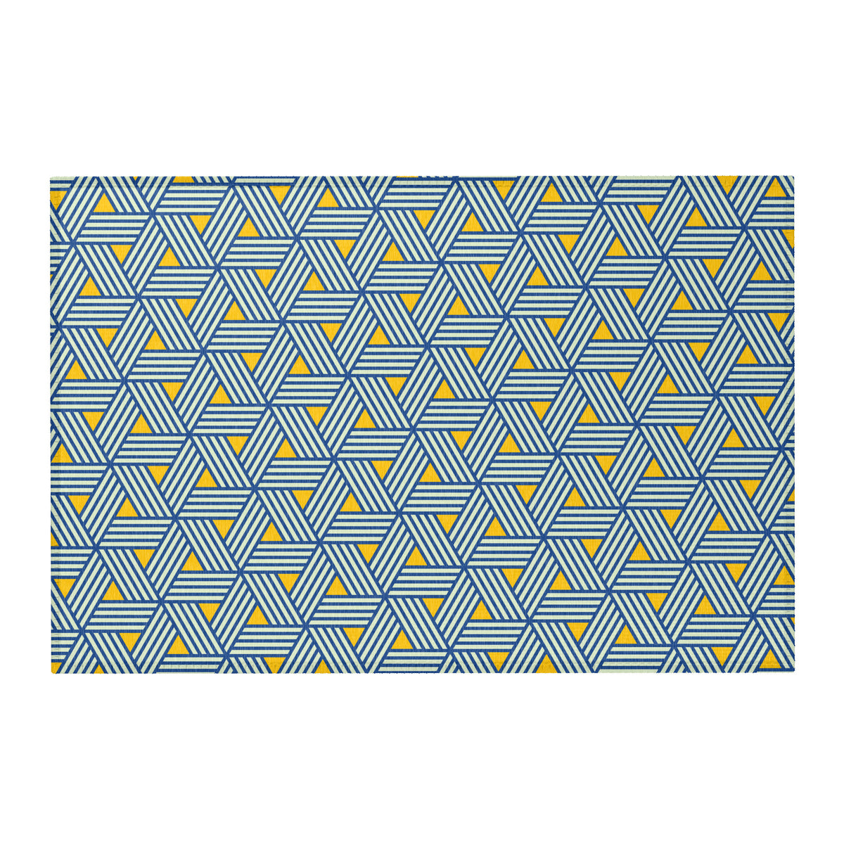 Blue and yellow geometric triangle area rug, 36 by 24 inches, indoor accent rug