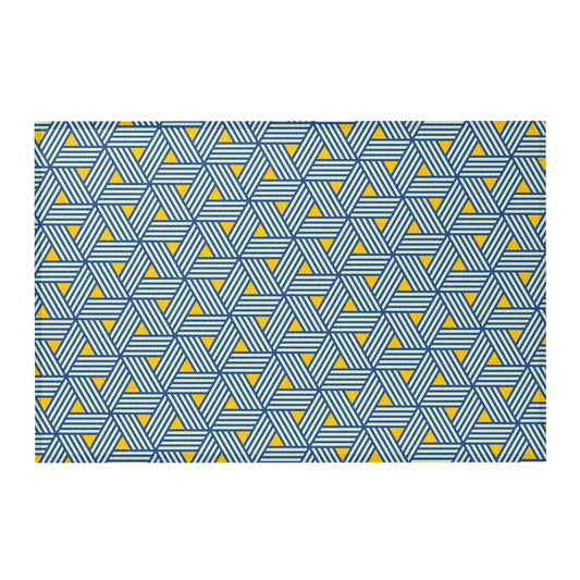 Blue and yellow geometric triangle area rug, 36 by 24 inches, indoor accent rug