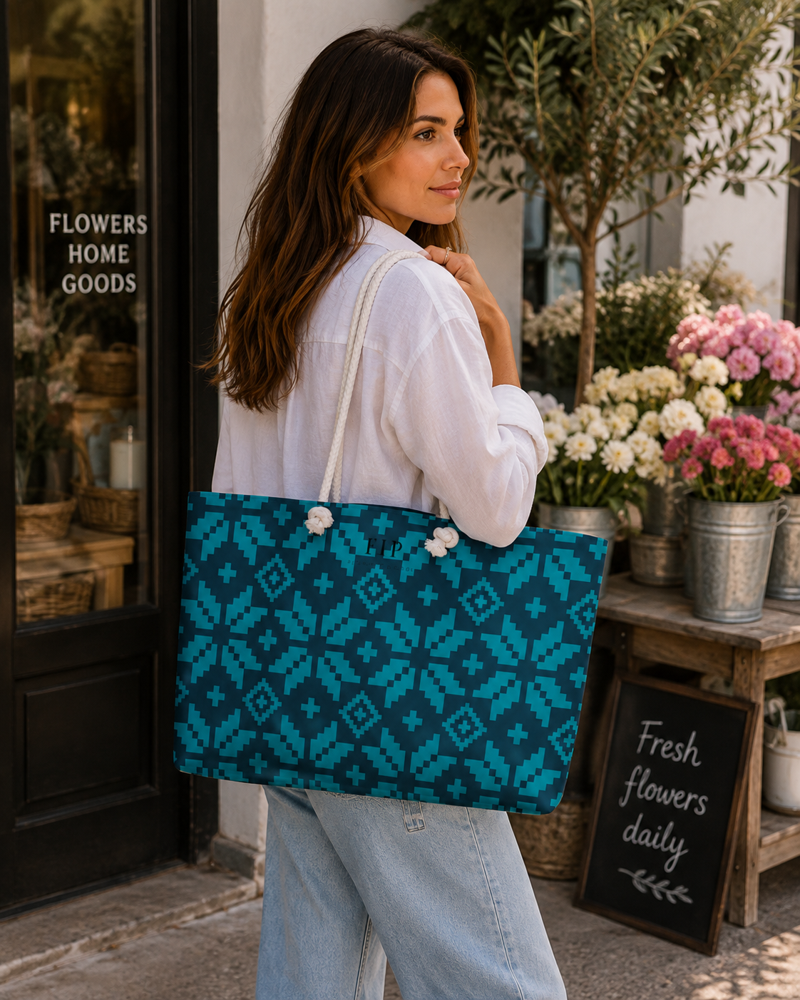  large teal and black patterned tote bag with white rope handles 