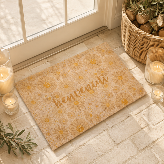 A rectangular coir doormat with a warm beige background, yellow floral pattern, and the word 'benvenuti' in cursive script, 