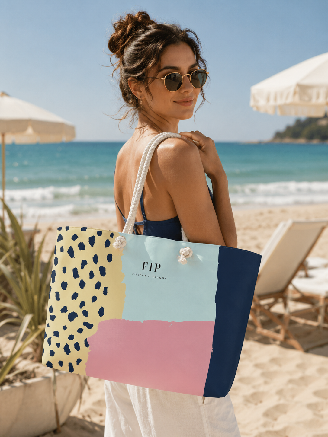 tote bag with a colorful patchwork design. The bag features a navy blue leopard print section,