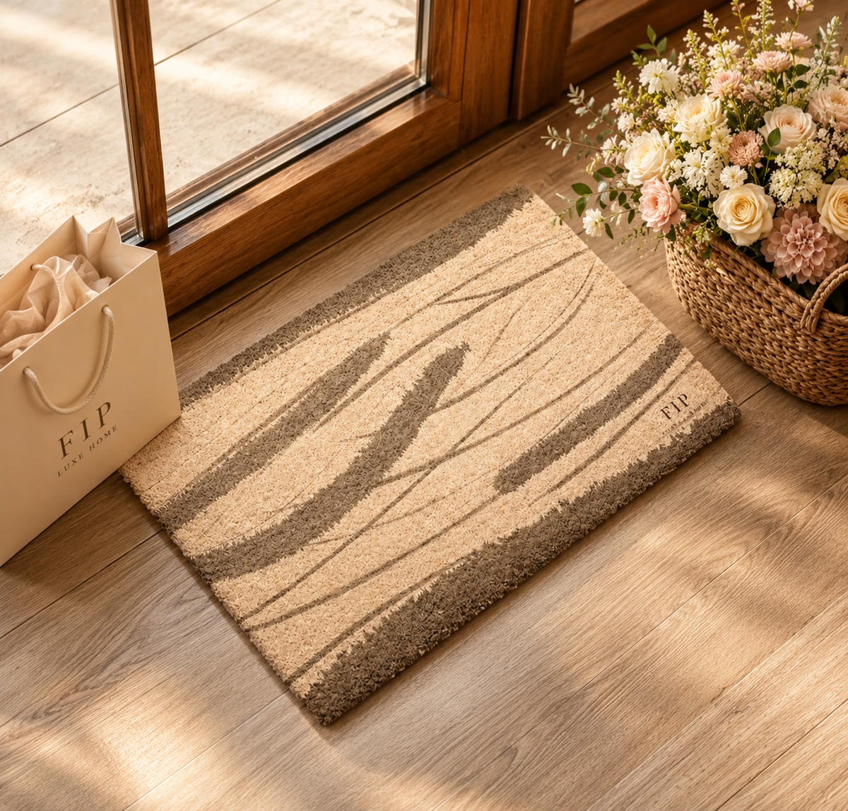 A rectangular coir-style doormat with a wavy abstract pattern in beige and brown