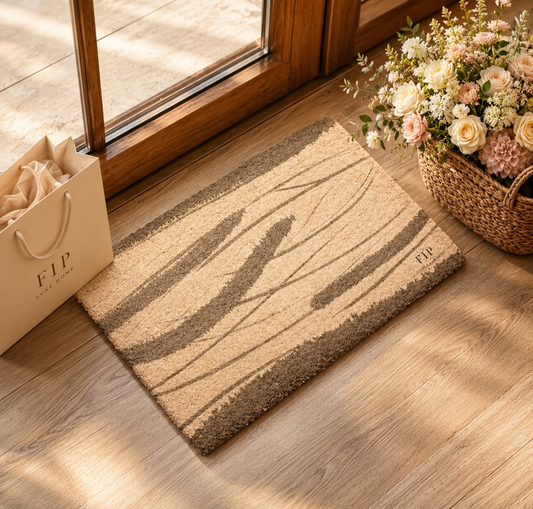 A rectangular coir-style doormat with a wavy abstract pattern in beige and brown