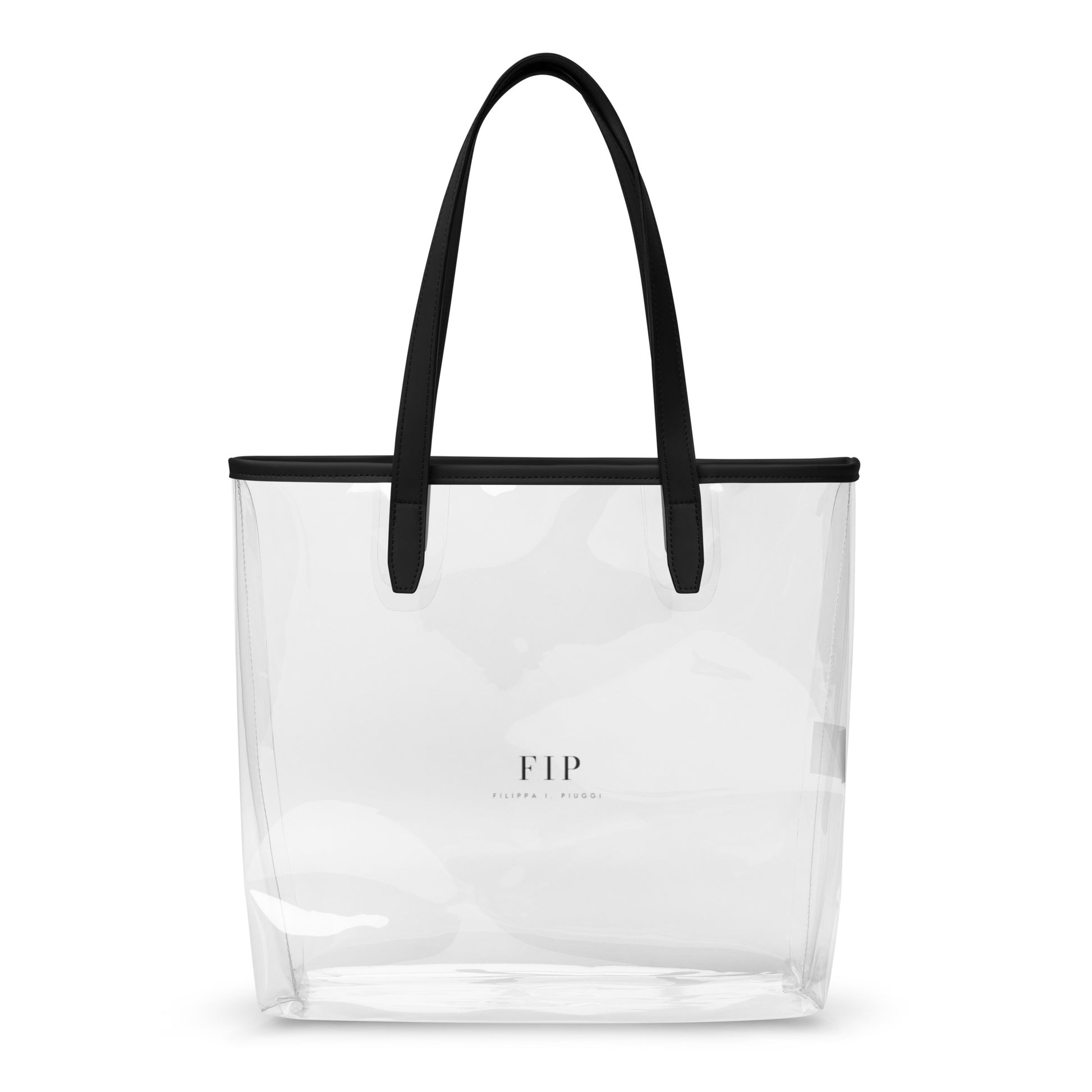 A clear plastic tote bag with black shoulder straps.