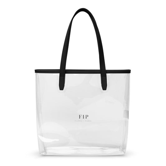 A clear plastic tote bag with black shoulder straps.