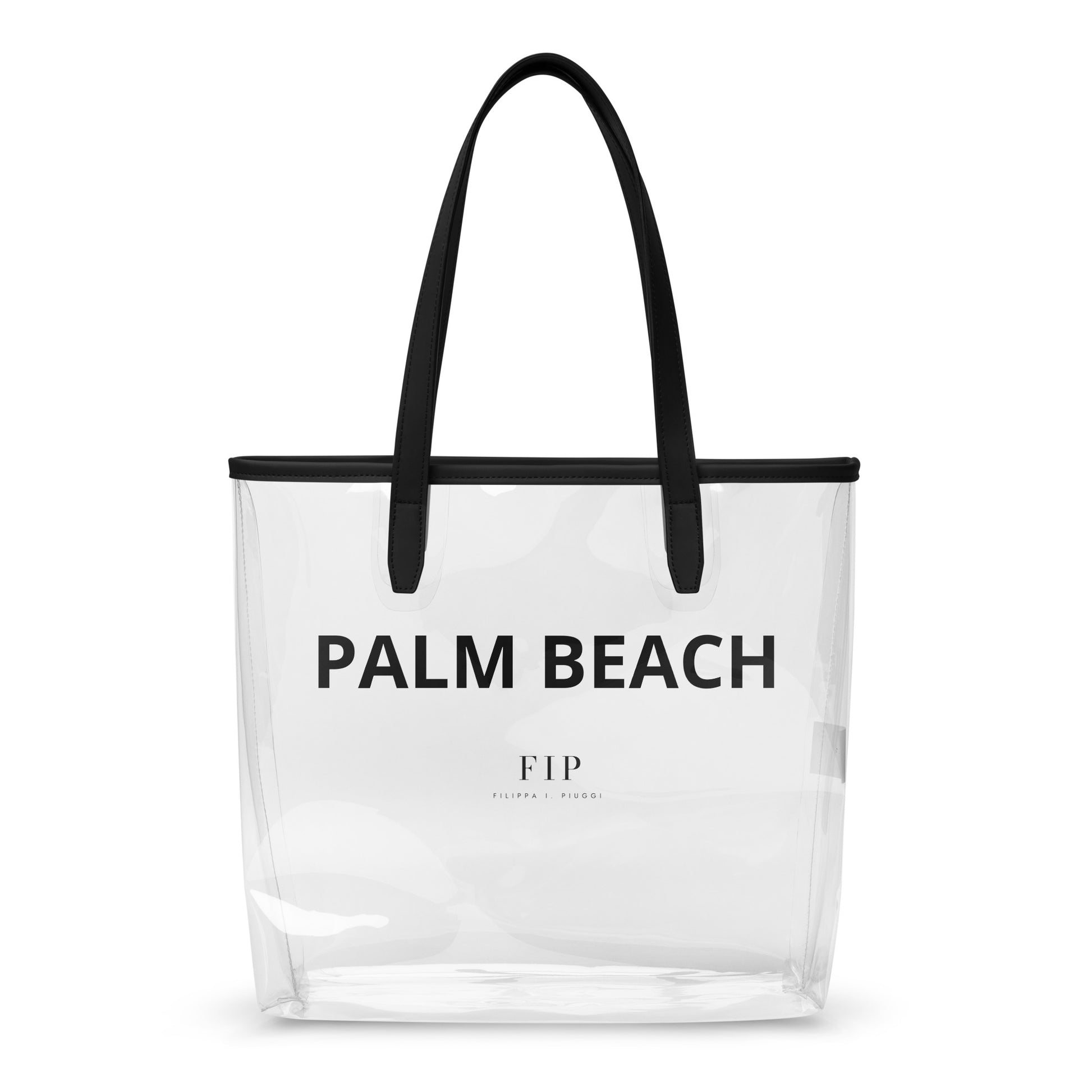 A clear plastic beach tote bag with black handles and black trim, featuring the text PALM BEACH