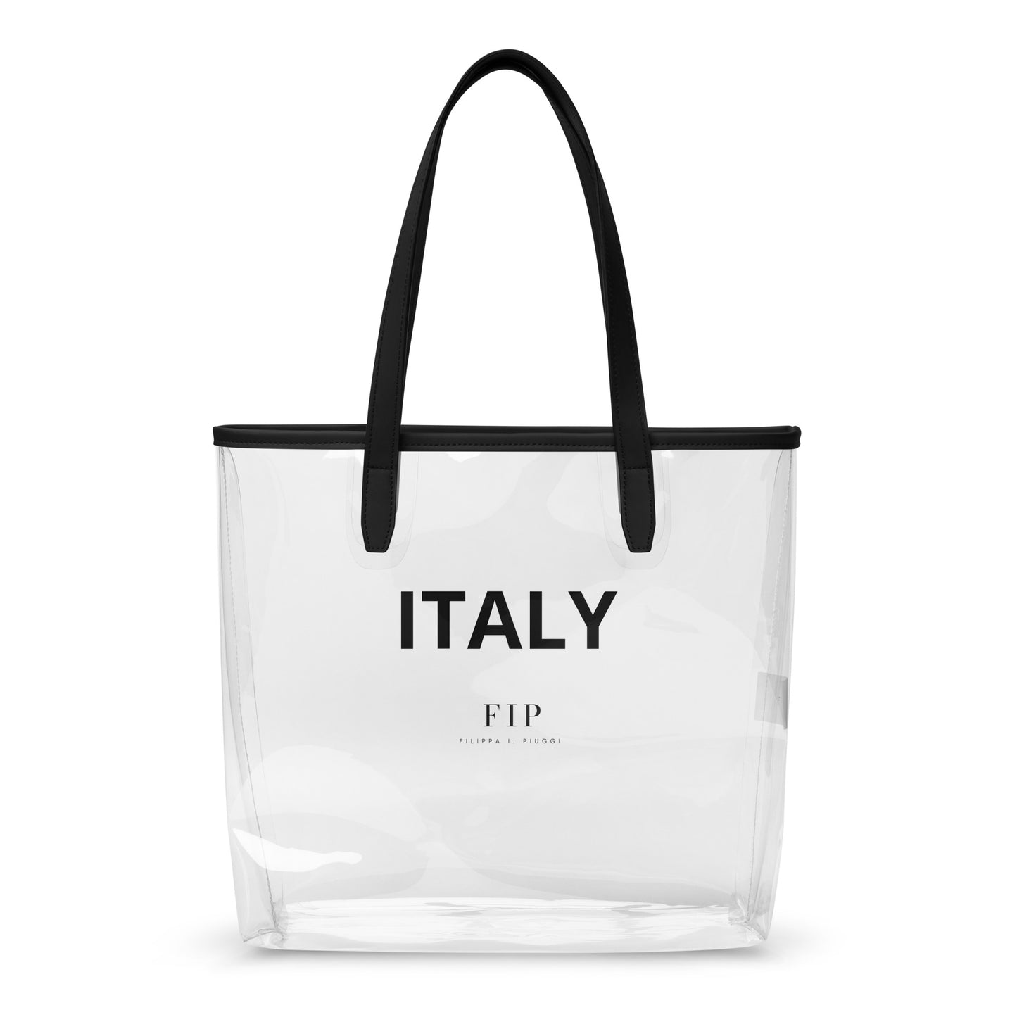 A clear plastic tote bag with black handles and a black top trim, featuring the text 'ITALY' 