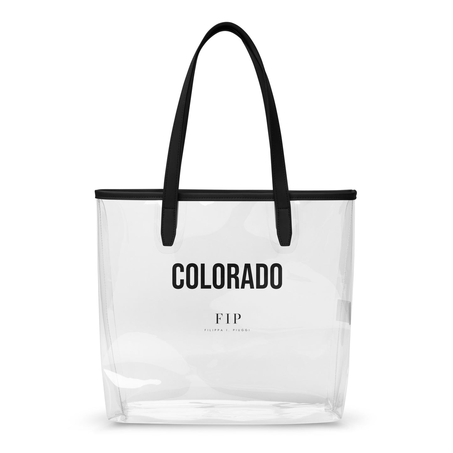 Clear tote bag with black handle and Colorado black text 
