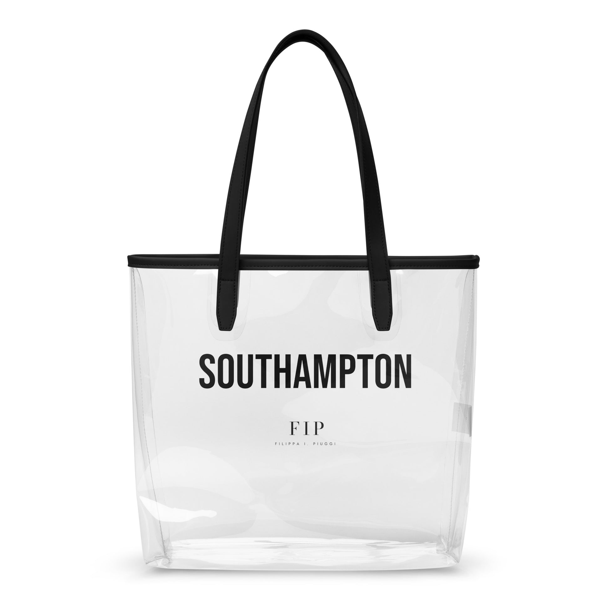 A clear plastic beach tote bag with black handles and black trim, featuring the text SOUTHAMPTON 
