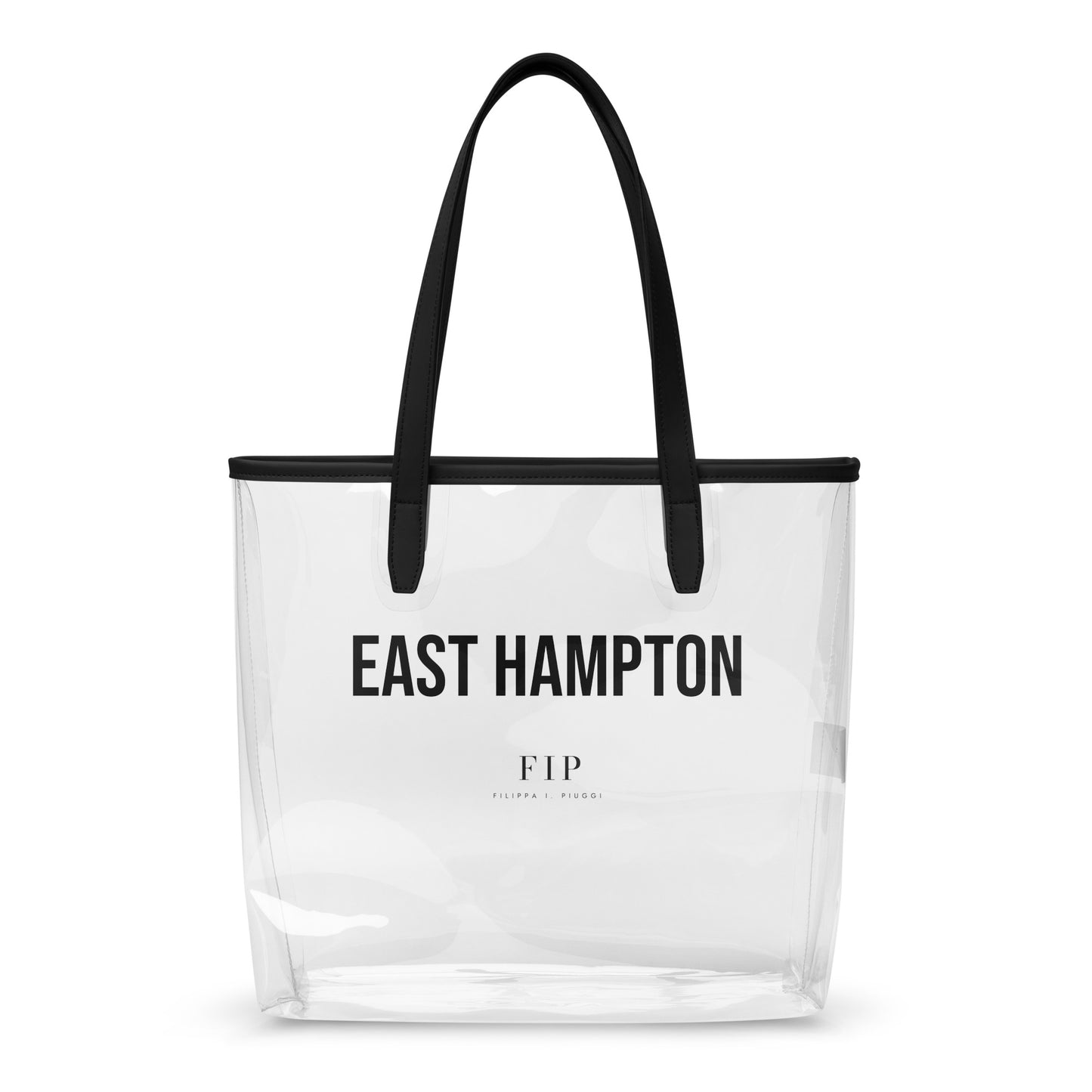 Clear tote bag with black handles and East Hampton black text 