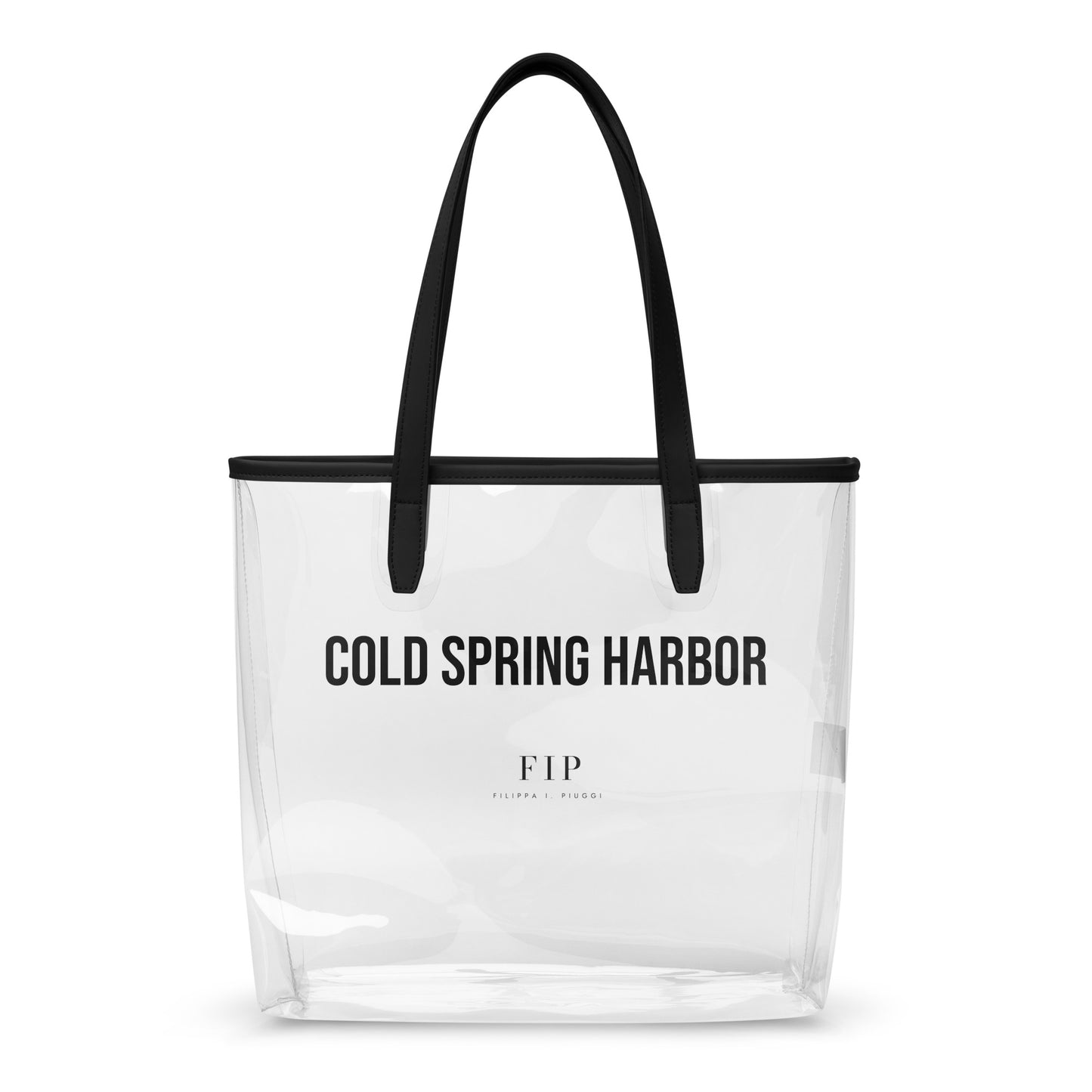 A clear plastic tote bag with black handles and black trim, featuring the text 'COLD SPRING HARBOR