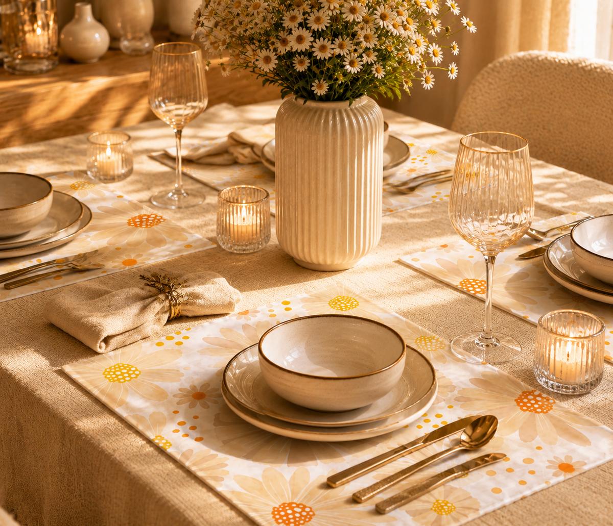 matching placemats featuring a yellow floral pattern