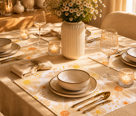 matching placemats featuring a yellow floral pattern