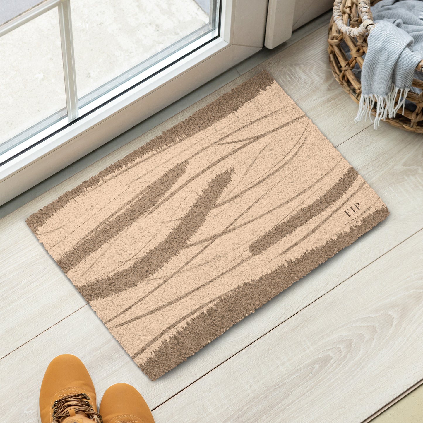 A rectangular beige and brown textured doormat with wavy stripe patterns. 