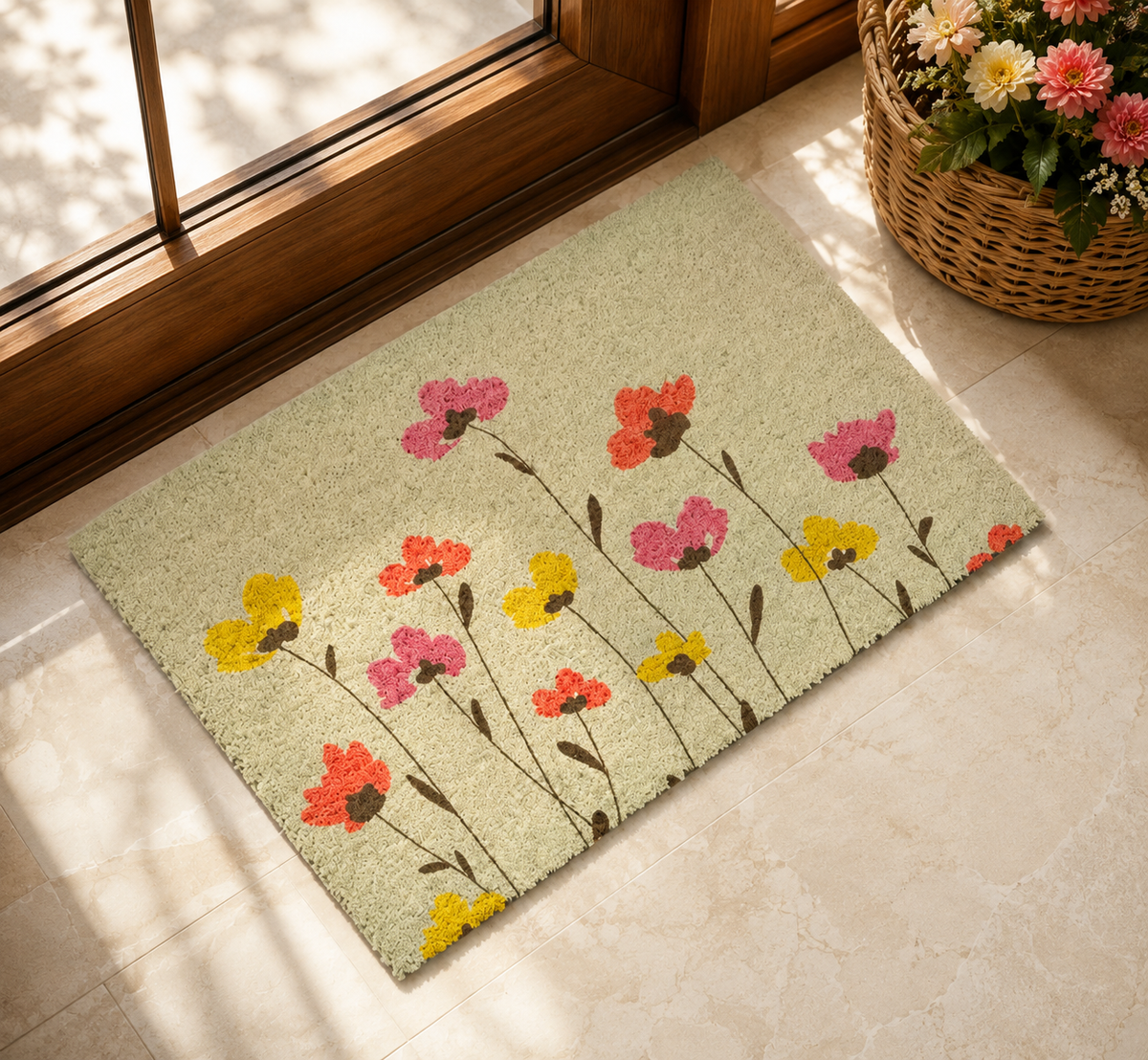 wild flowers coir doormat red pink yellow and green
