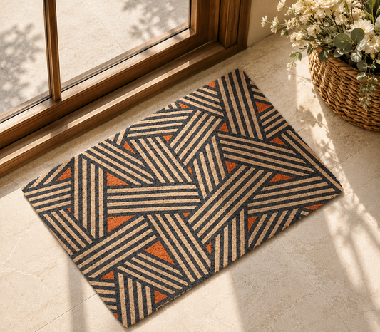 A rectangular woven doormat with a geometric basketweave pattern in beige, dark charcoal gray, and rust orange, 