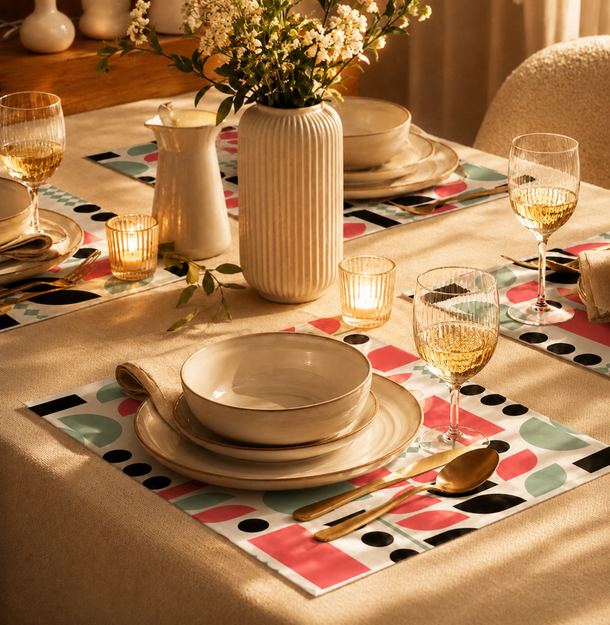 colorful geometric 4 placemats with black, pink, and teal shapes.