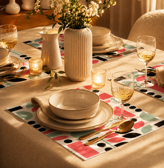 colorful geometric 4 placemats with black, pink, and teal shapes.