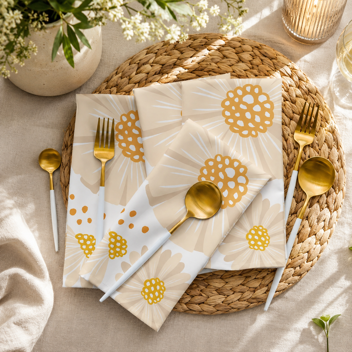 A styled flat-lay of gold and white  napkins 