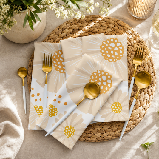 A styled flat-lay of gold and white  napkins 