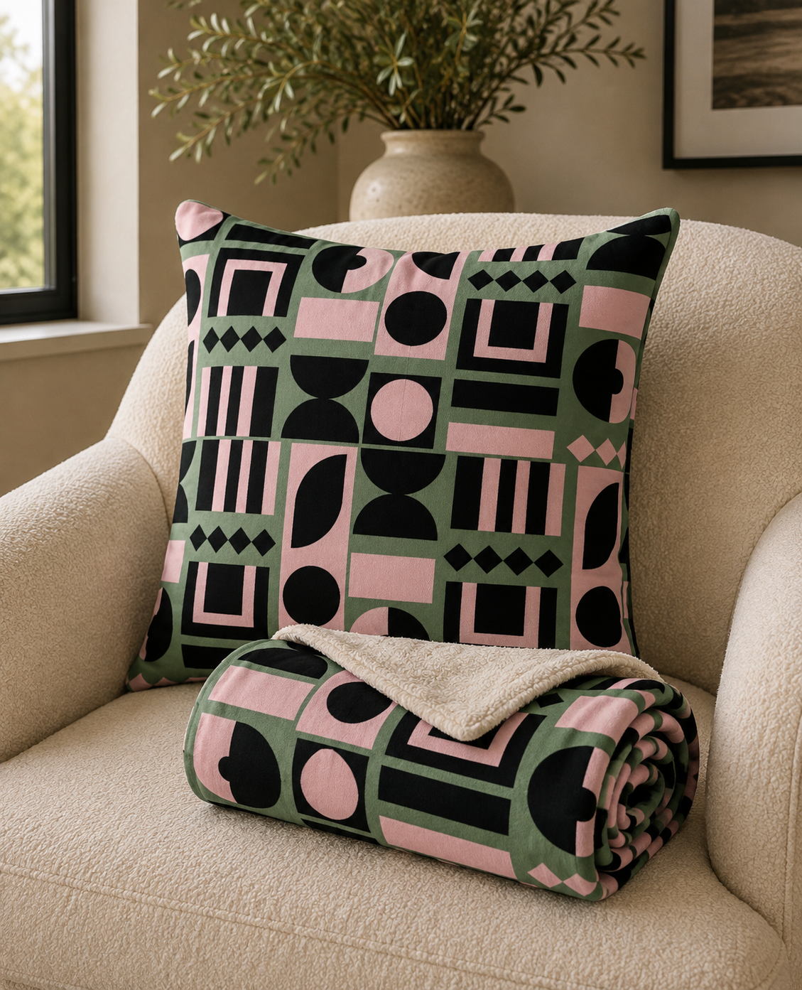 Blush Sage & Noir Geometric Sherpa Blanket
