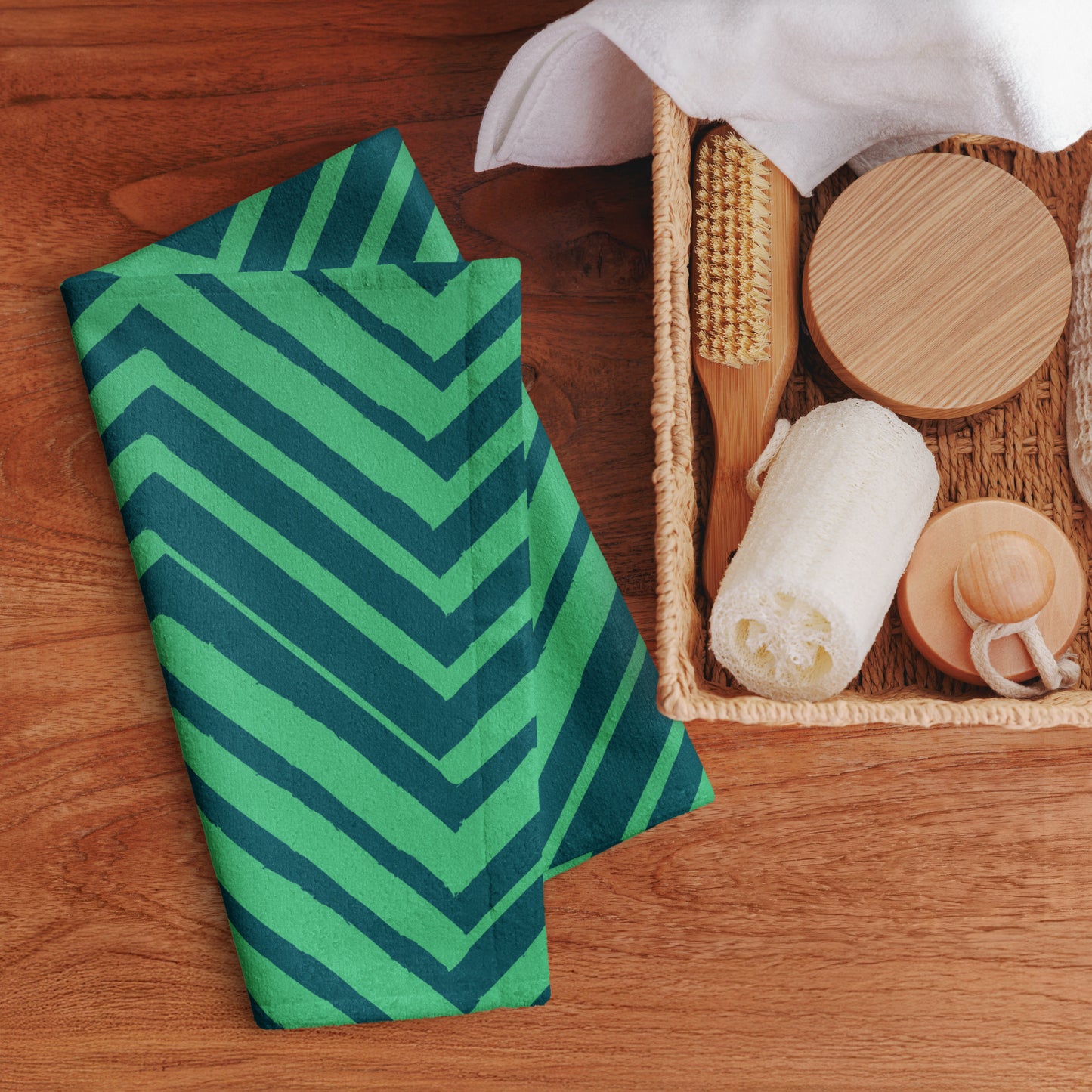 Dark teal navy chevron-patterned  hand towel. 