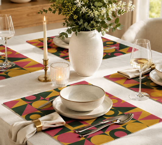 colorful geometric placemats with pink, yellow, green, and orange shapes,