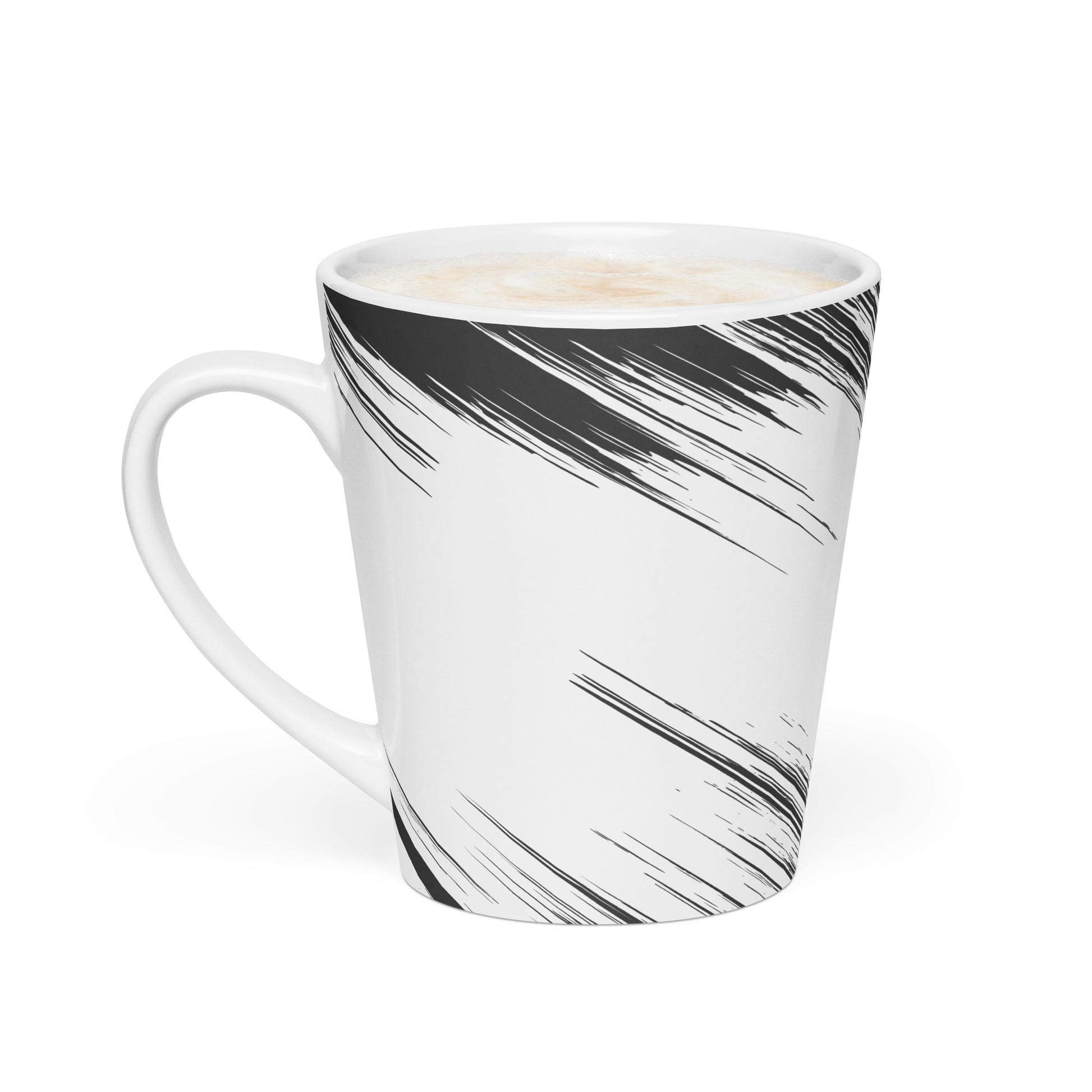A white ceramic latte mug with a black brushstroke pattern