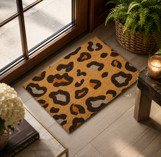 A rectangular coir doormat with a leopard print pattern in tan, brown, black