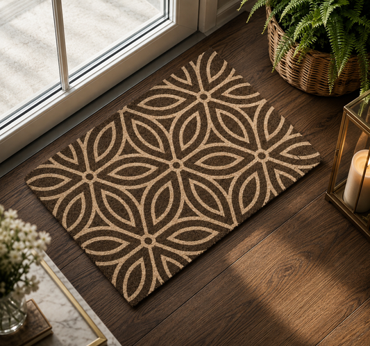 A rectangular doormat with a repeating geometric floral pattern in beige and dark brown