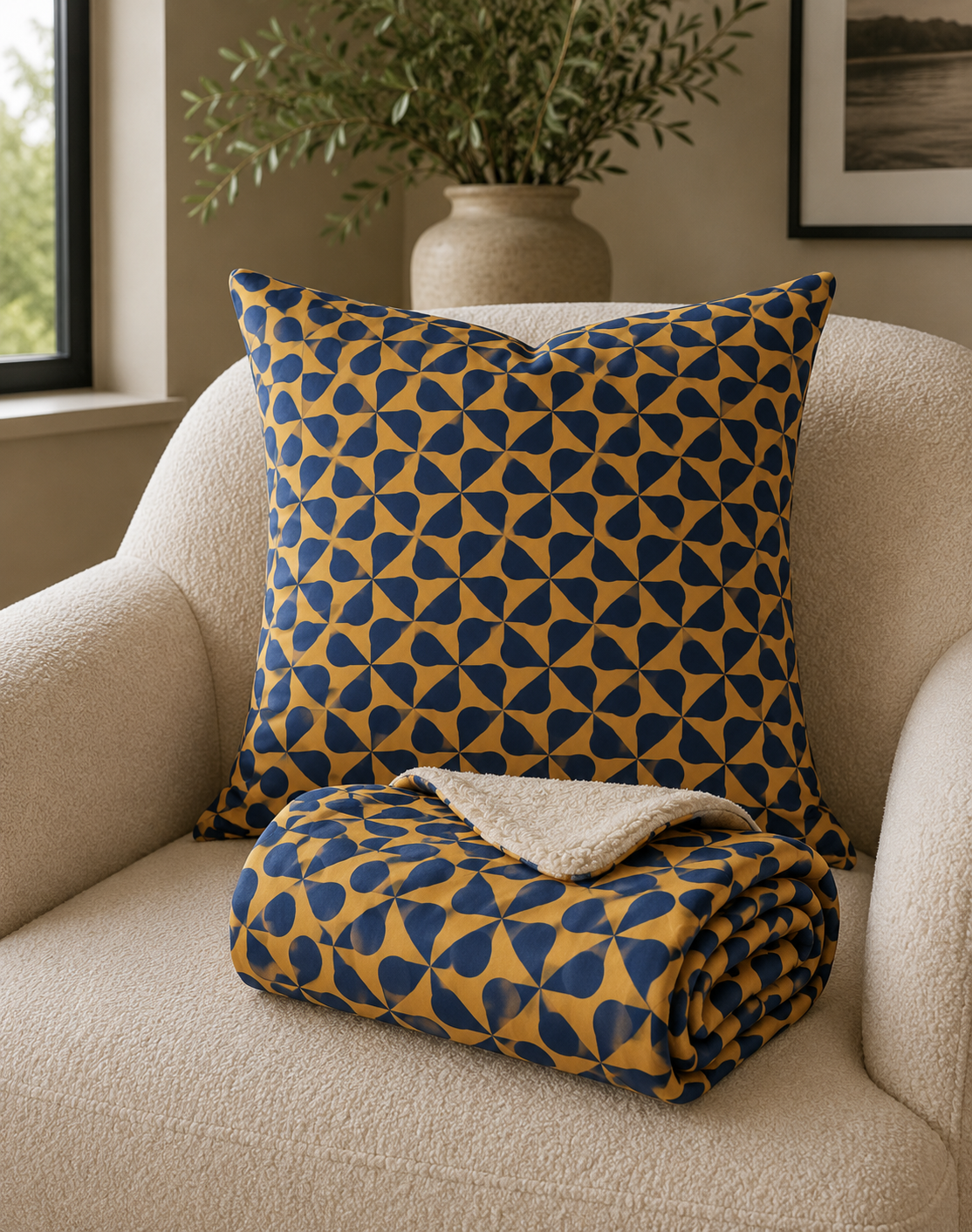 Navy & Mustard Petal Throw Pillow
