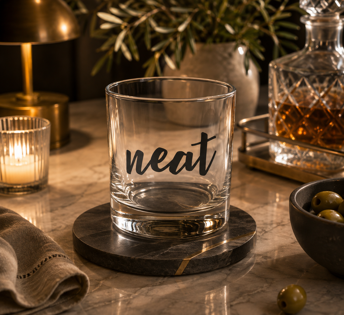 A clear glass rocks tumbler with the word 'neat' printed in grey script