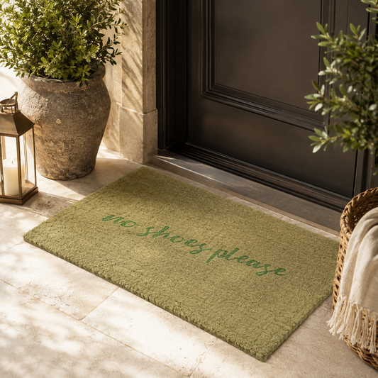 An olive green coir doormat with the text 'No shoes please' in green script,