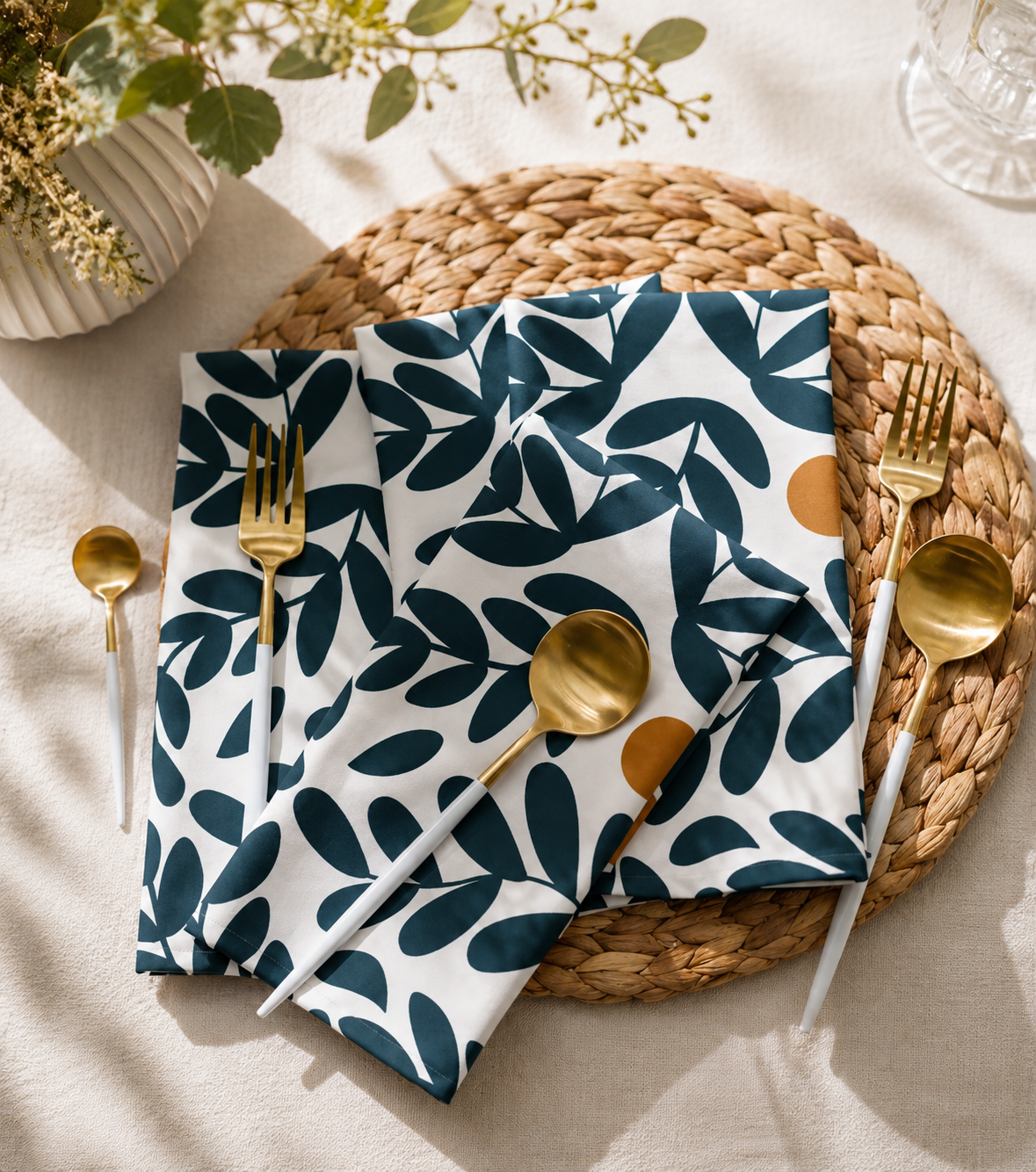 napkins olive pattern blue white and gold