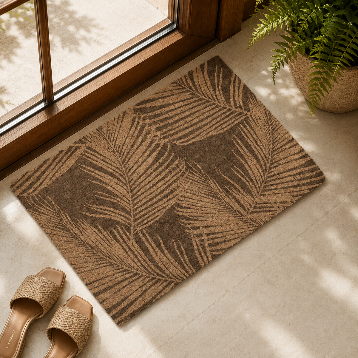 A rectangular brown doormat with a palm leaf pattern