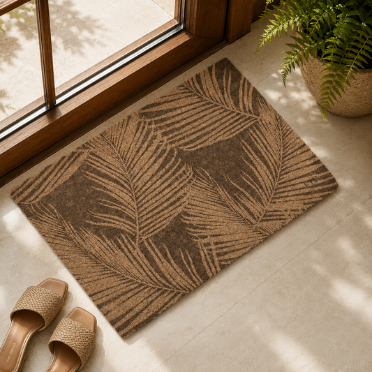 A rectangular brown doormat with a palm leaf pattern